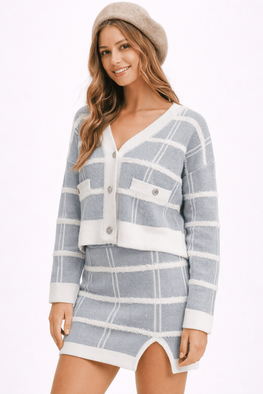 Women's Plaid Button Down Sweater Cardigan Mini Skirt Set - AMVIM