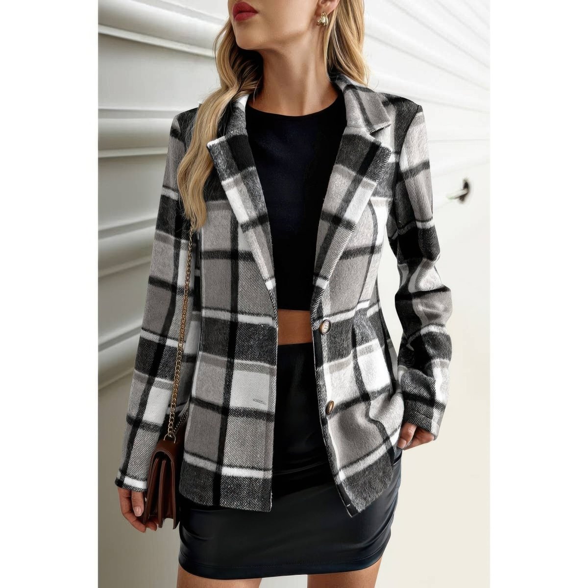 Women's Plaid Button Long Sleeve Lapel Collar Coat - AMVIM