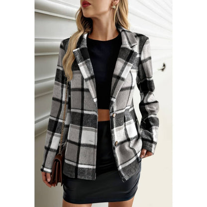 Women's Plaid Button Long Sleeve Lapel Collar Coat - AMVIM