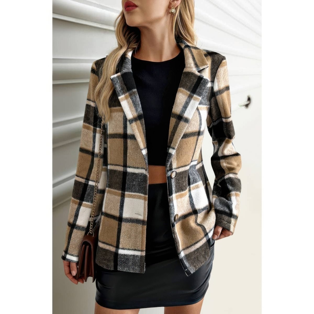 Women's Plaid Button Long Sleeve Lapel Collar Coat - AMVIM