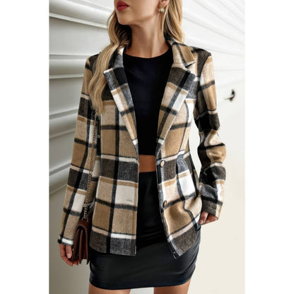 Women's Plaid Button Long Sleeve Lapel Collar Coat - AMVIM