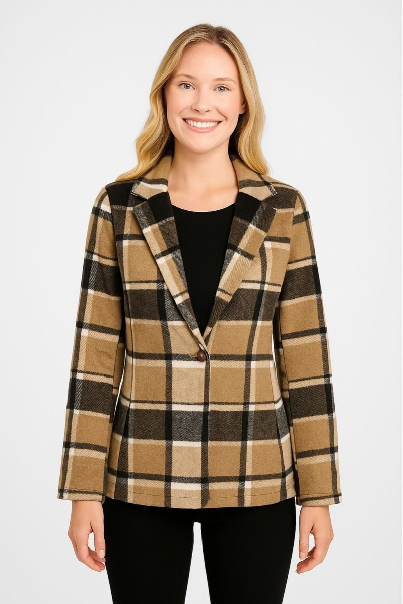 Women's Plaid Button Long Sleeve Lapel Collar Coat - AMVIM