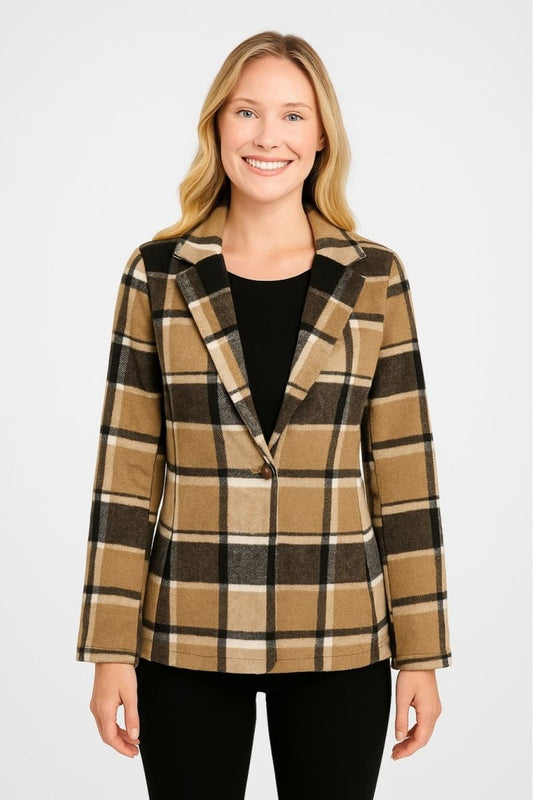 Women's Plaid Button Long Sleeve Lapel Collar Coat - AMVIM
