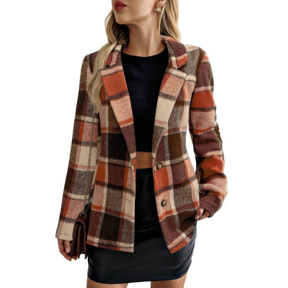 Women's Plaid Button Long Sleeve Lapel Collar Coat - AMVIM