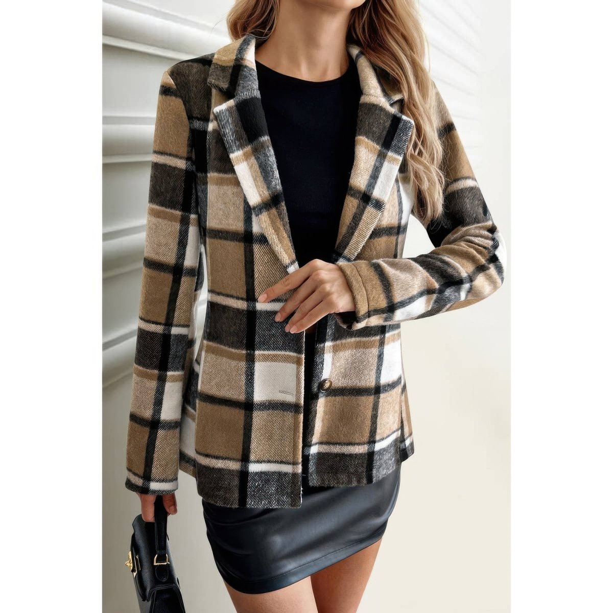 Women's Plaid Button Long Sleeve Lapel Collar Coat - AMVIM