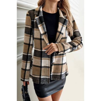 Women's Plaid Button Long Sleeve Lapel Collar Coat - AMVIM