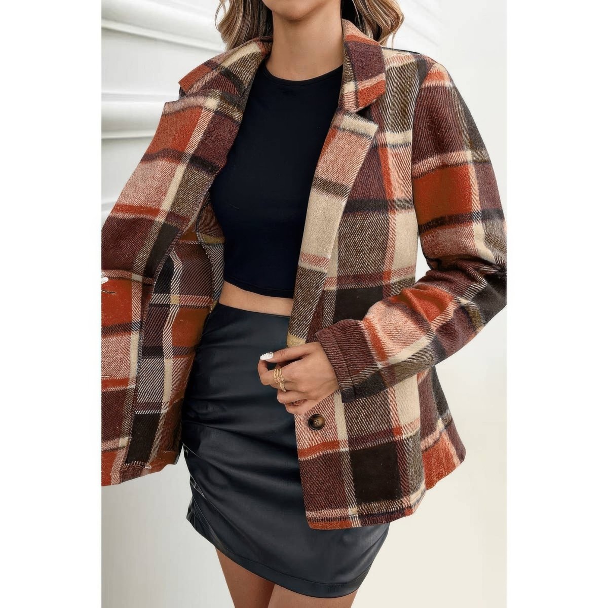 Women's Plaid Button Long Sleeve Lapel Collar Coat - AMVIM