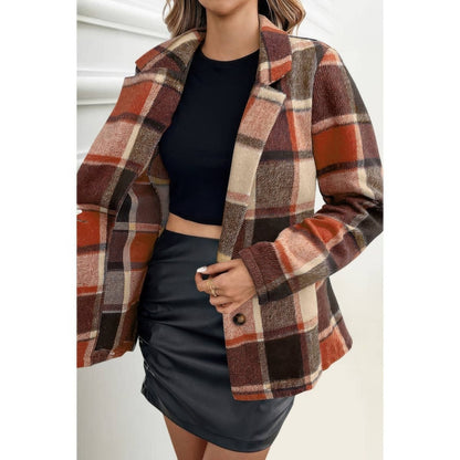 Women's Plaid Button Long Sleeve Lapel Collar Coat - AMVIM