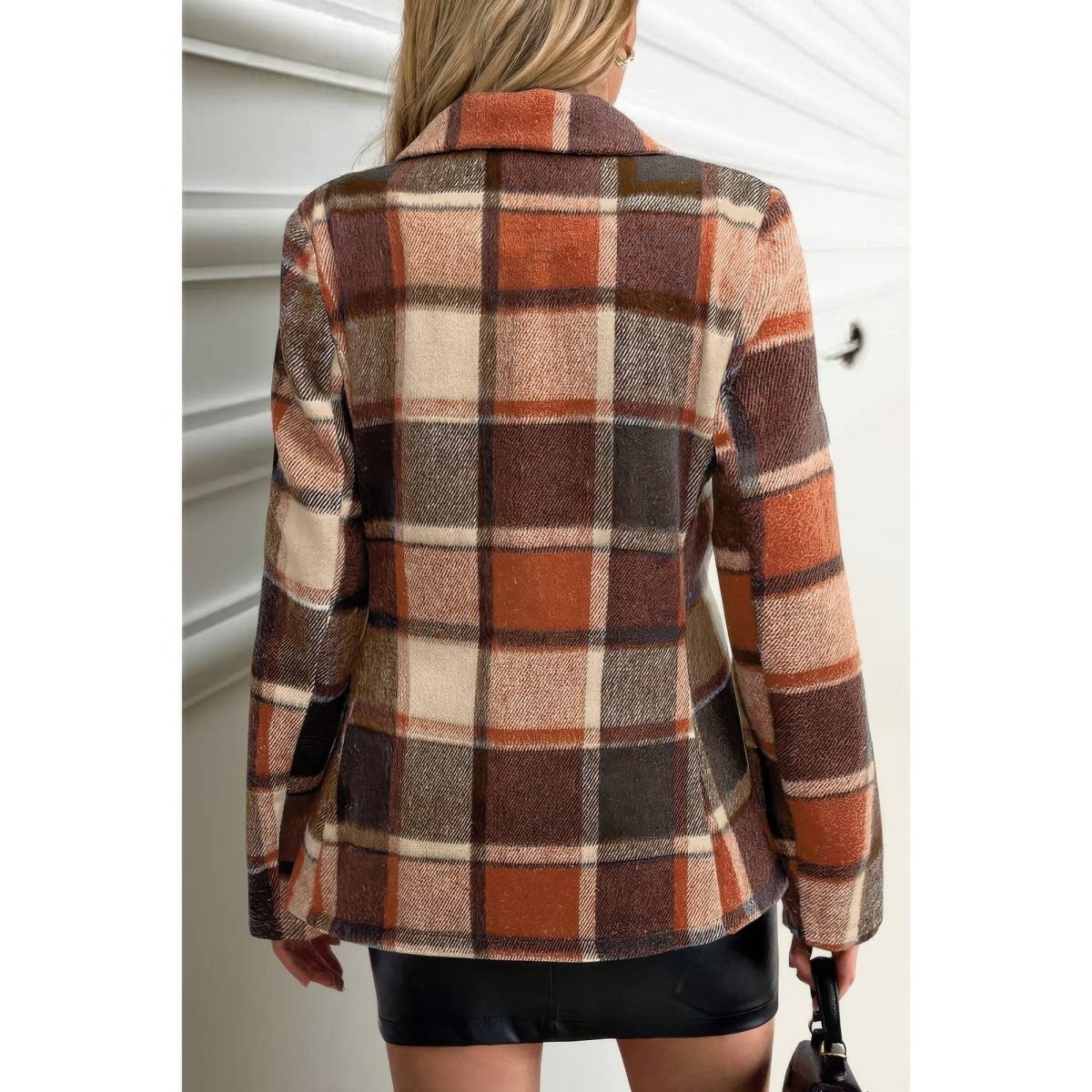 Women's Plaid Button Long Sleeve Lapel Collar Coat - AMVIM