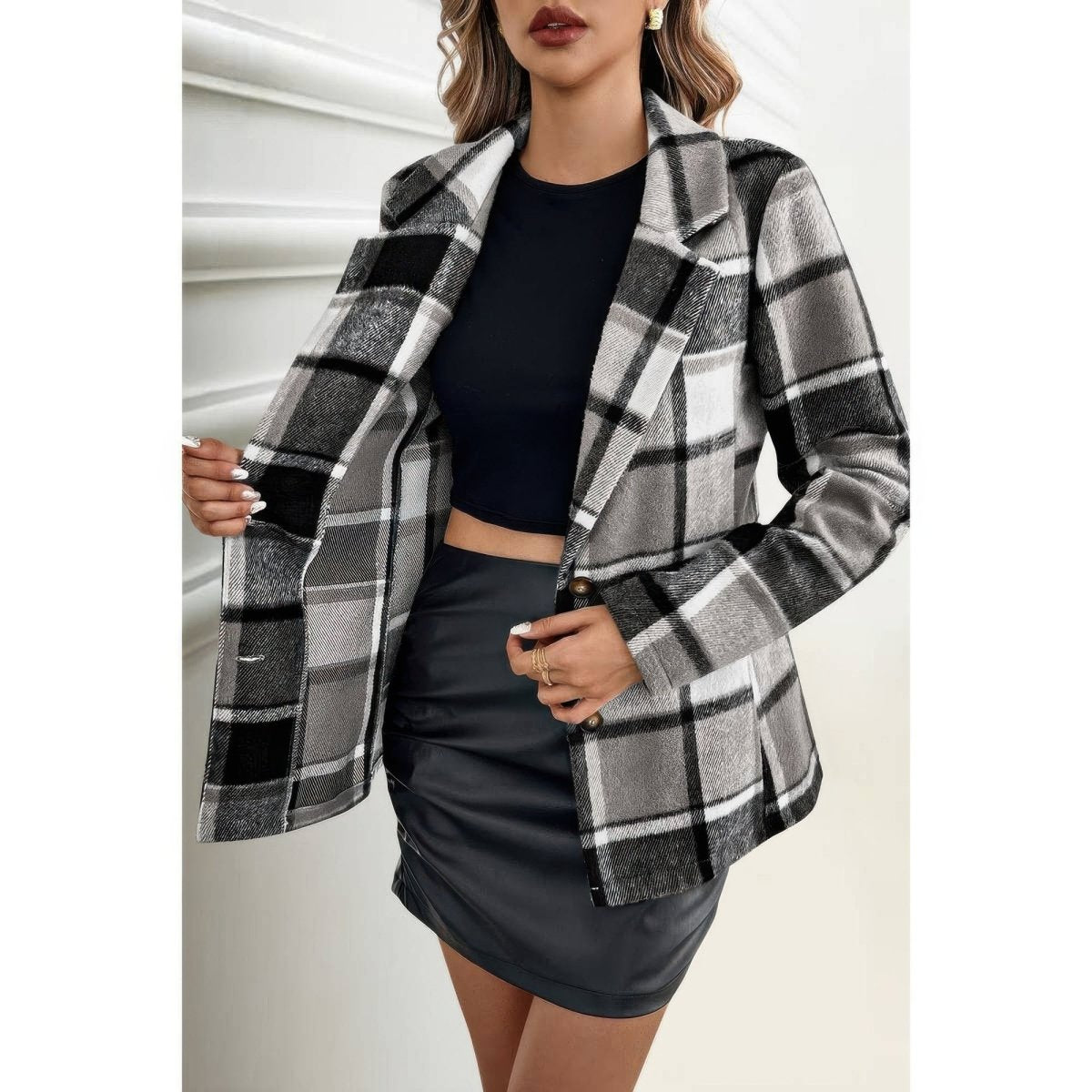 Women's Plaid Button Long Sleeve Lapel Collar Coat - AMVIM