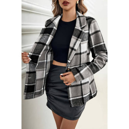 Women's Plaid Button Long Sleeve Lapel Collar Coat - AMVIM
