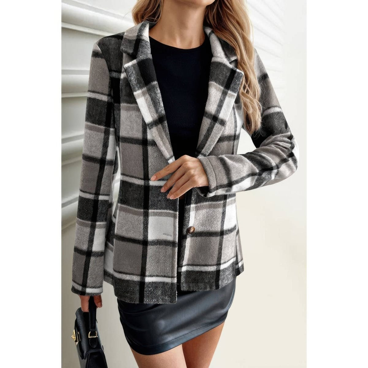 Women's Plaid Button Long Sleeve Lapel Collar Coat - AMVIM