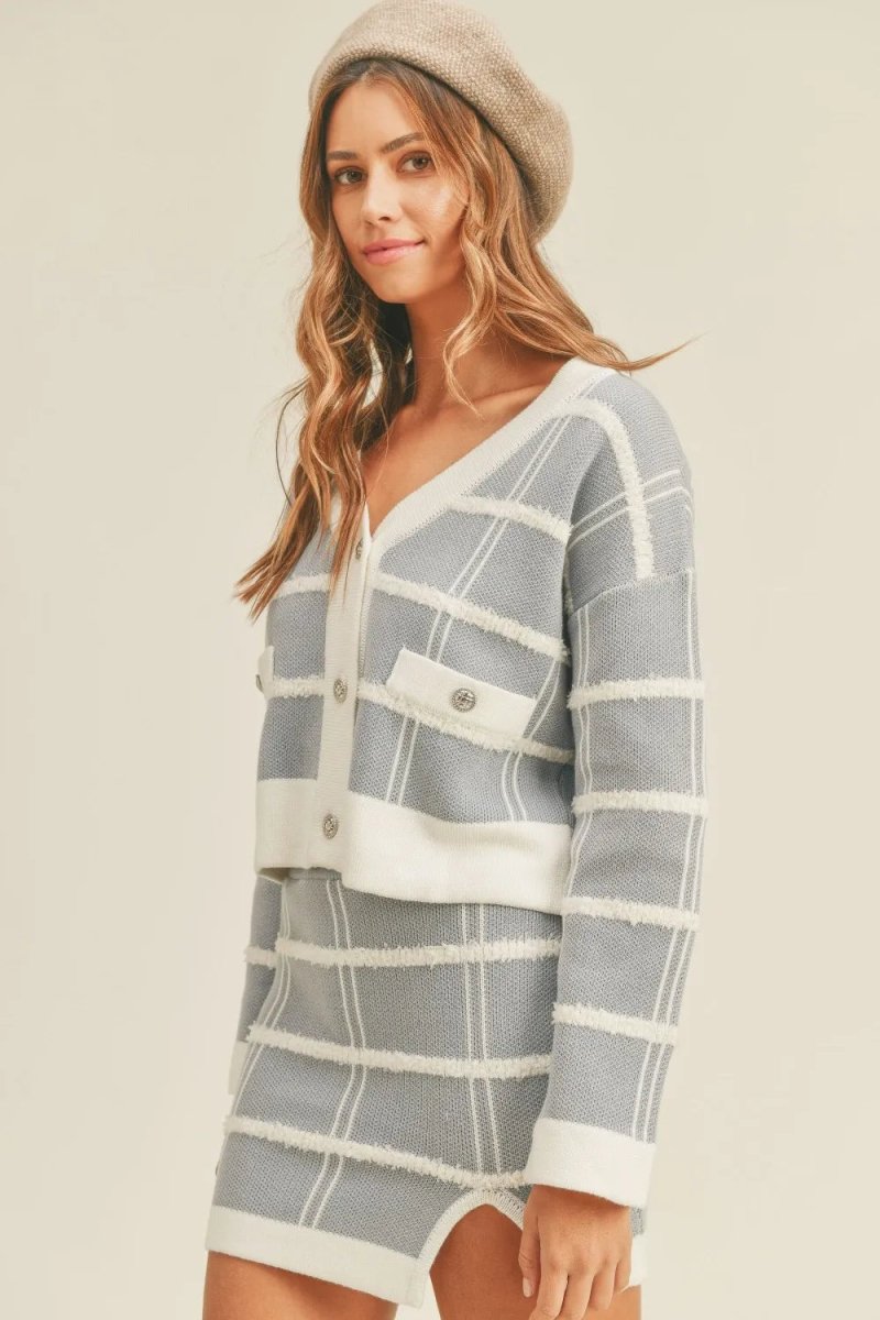 Women's Plaid Knit Sweater Cardigan and Mini Skirt Set – Mini - AMVIM