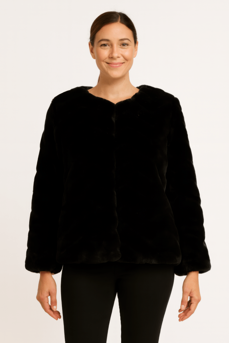 Women's Plush Textured Faux Fur Jacket with Satin Lining - AMVIM