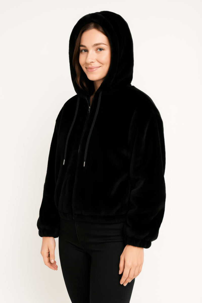Women’s Plush Zip - Up Hooded Jacket with Drawstring - AMVIM