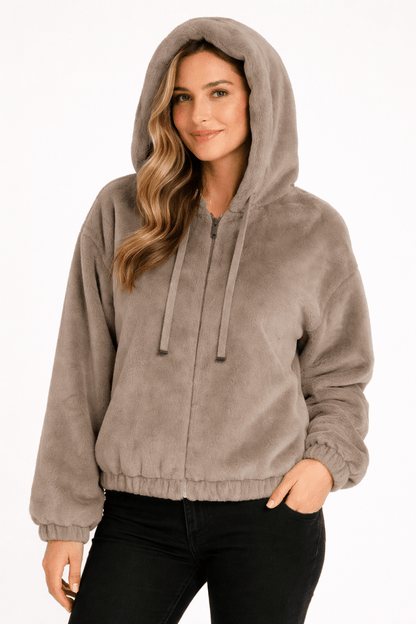 Women’s Plush Zip - Up Hooded Jacket with Drawstring - AMVIM