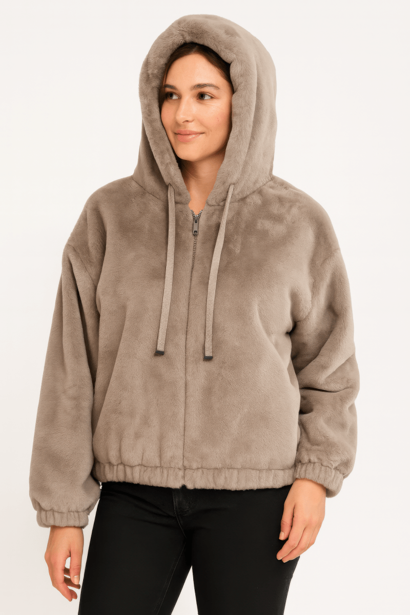 Women’s Plush Zip - Up Hooded Jacket with Drawstring - AMVIM