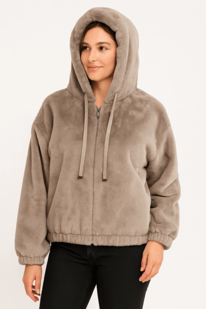 Women’s Plush Zip - Up Hooded Jacket with Drawstring - AMVIM