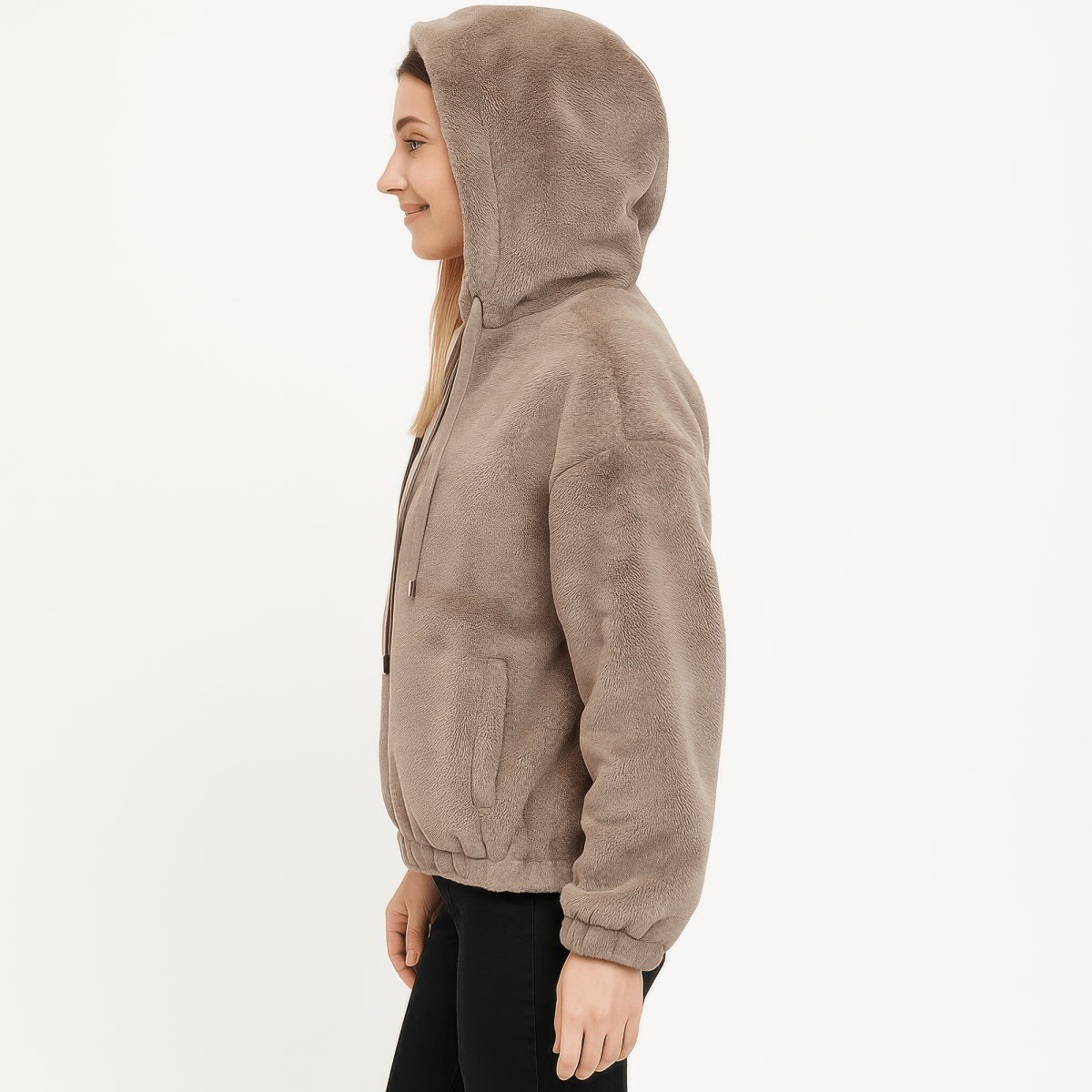 Women’s Plush Zip - Up Hooded Jacket with Drawstring - AMVIM