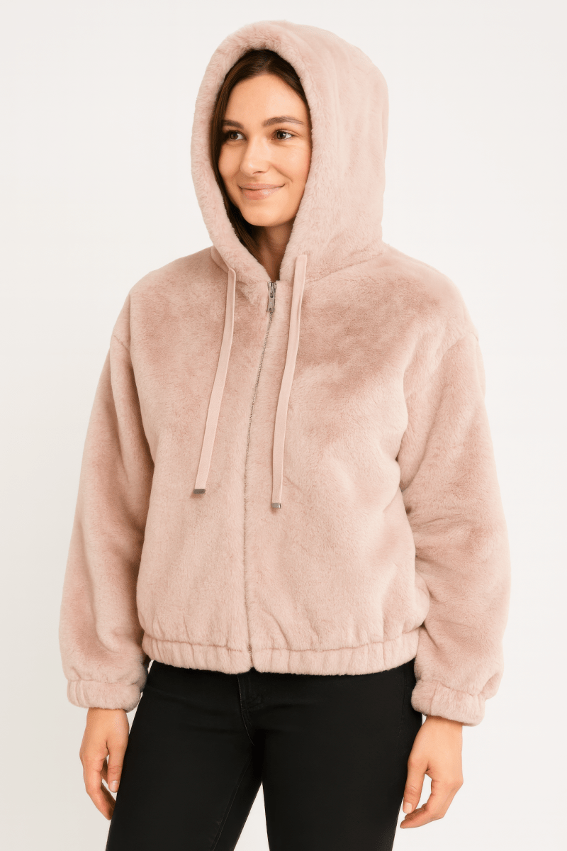Women’s Plush Zip - Up Hooded Jacket with Drawstring - AMVIM