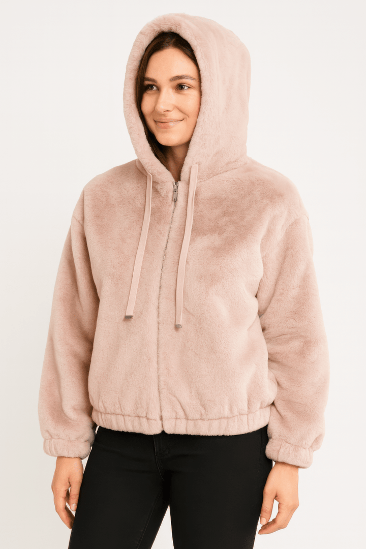 Women’s Plush Zip - Up Hooded Jacket with Drawstring - AMVIM