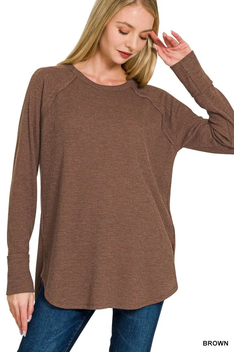 Women's Polyester Blend Waffle Long Sleeve Top – Relaxed Fit - AMVIM