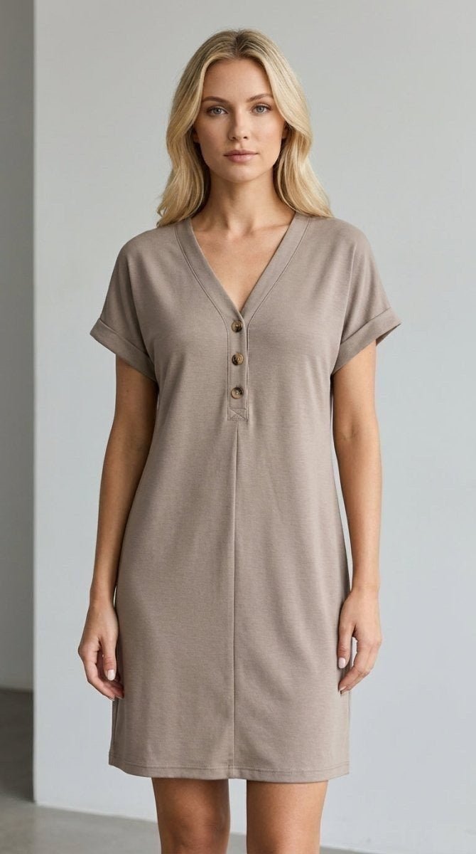 Women's Polyester Dress – Quarter Button V - Neck - AMVIM