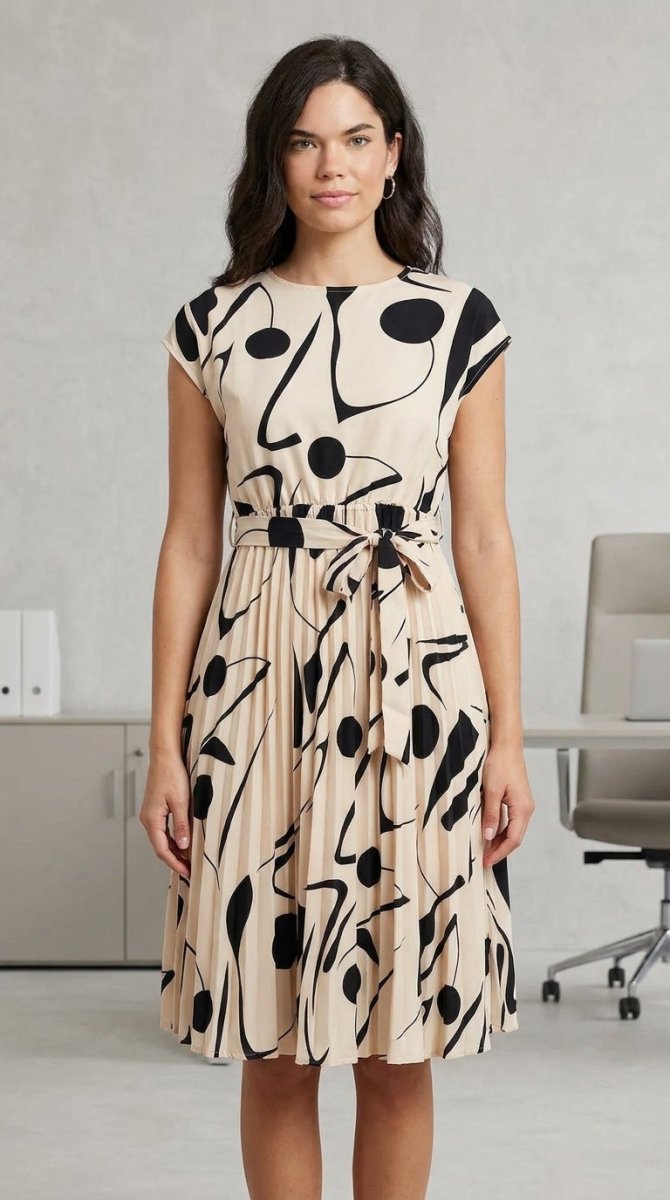 Women's Polyester Pleated Dress – Tied Waist Silhouette - AMVIM