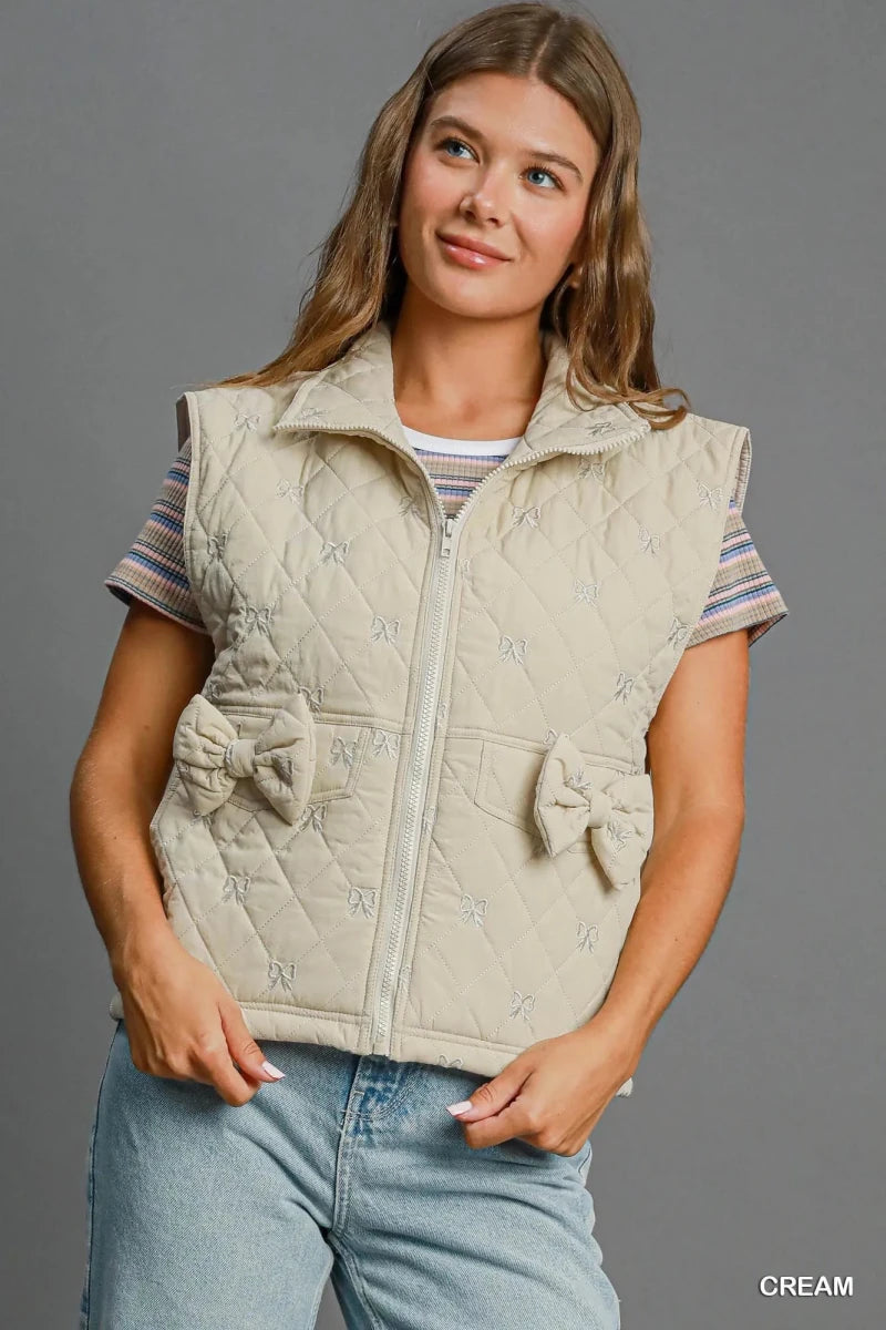 Women's Polyester Quilted Vest – Sleeveless with Bow Details - AMVIM