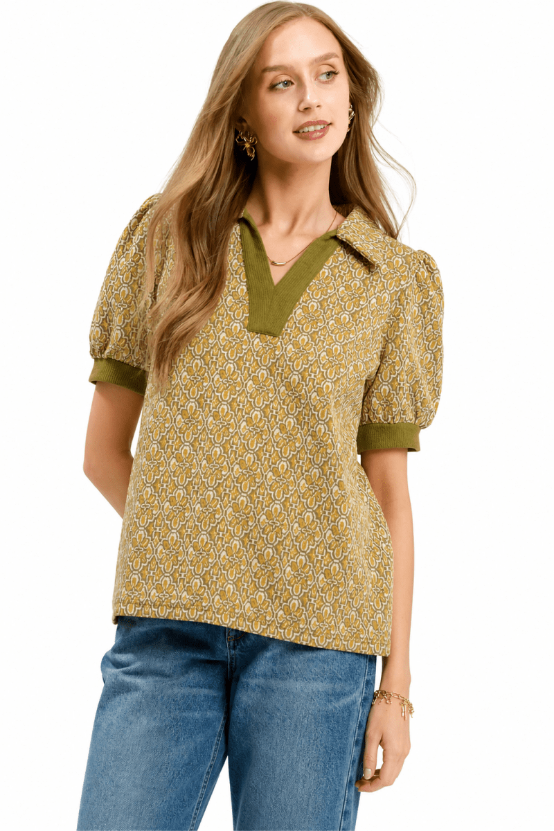 Women's Polyester Rayon Blouse – Tailored Collared Puff Sleeve - AMVIM
