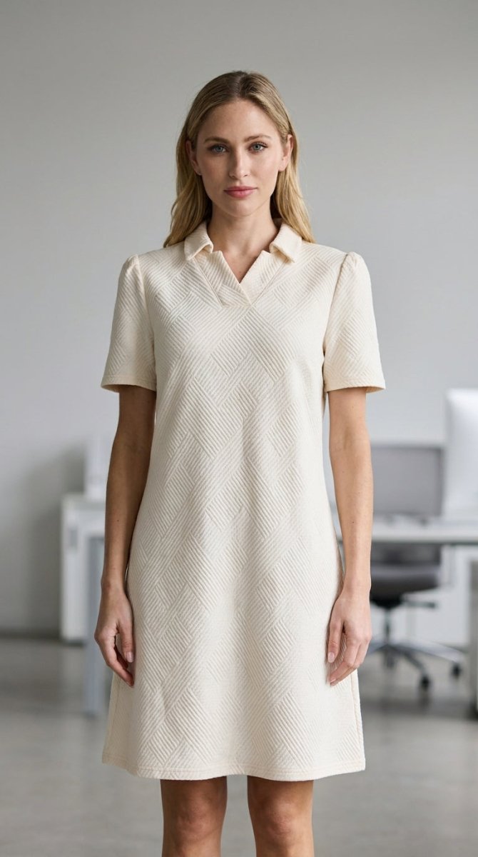Women's Polyester Spandex Dress – Textured Collar Short Sleeve - AMVIM