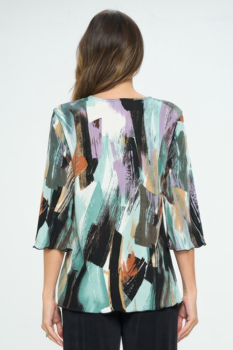 Women's Printed Notch Neck Missy Top with Shirred Detail - AMVIM