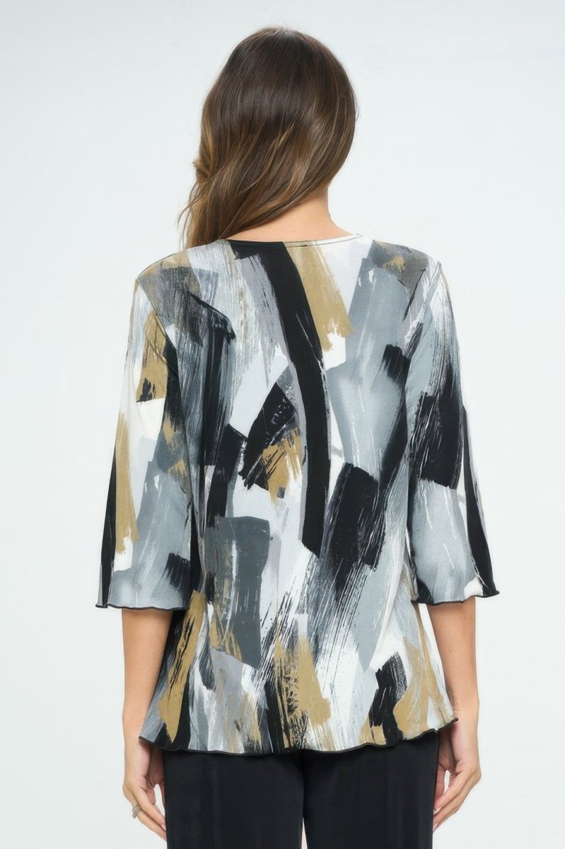 Women's Printed Notch Neck Missy Top with Shirred Detail - AMVIM