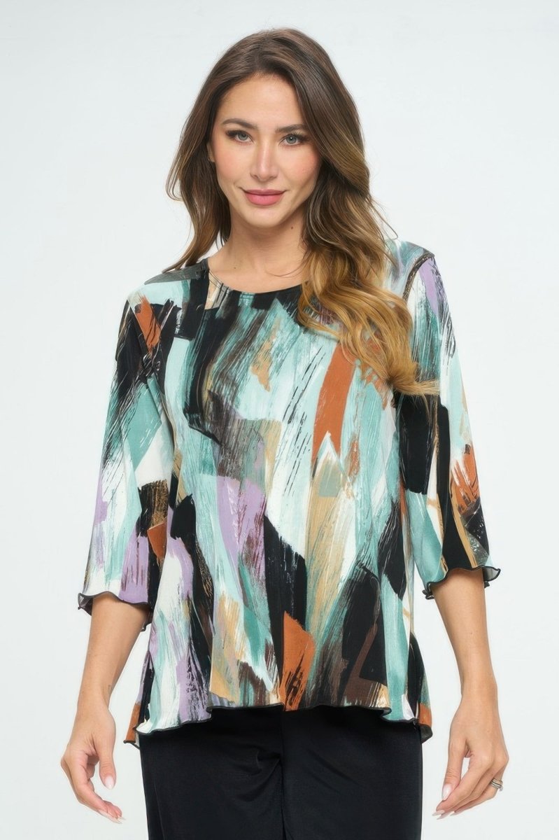 Women's Printed Notch Neck Missy Top with Shirred Detail - AMVIM