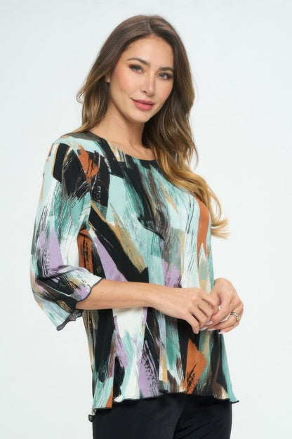 Women's Printed Notch Neck Missy Top with Shirred Detail - AMVIM