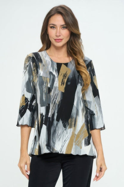 Women's Printed Notch Neck Missy Top with Shirred Detail - AMVIM