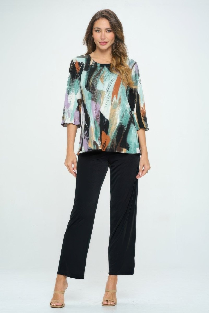 Women's Printed Notch Neck Missy Top with Shirred Detail - AMVIM