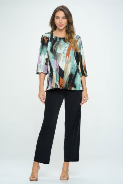 Women's Printed Notch Neck Missy Top with Shirred Detail - AMVIM