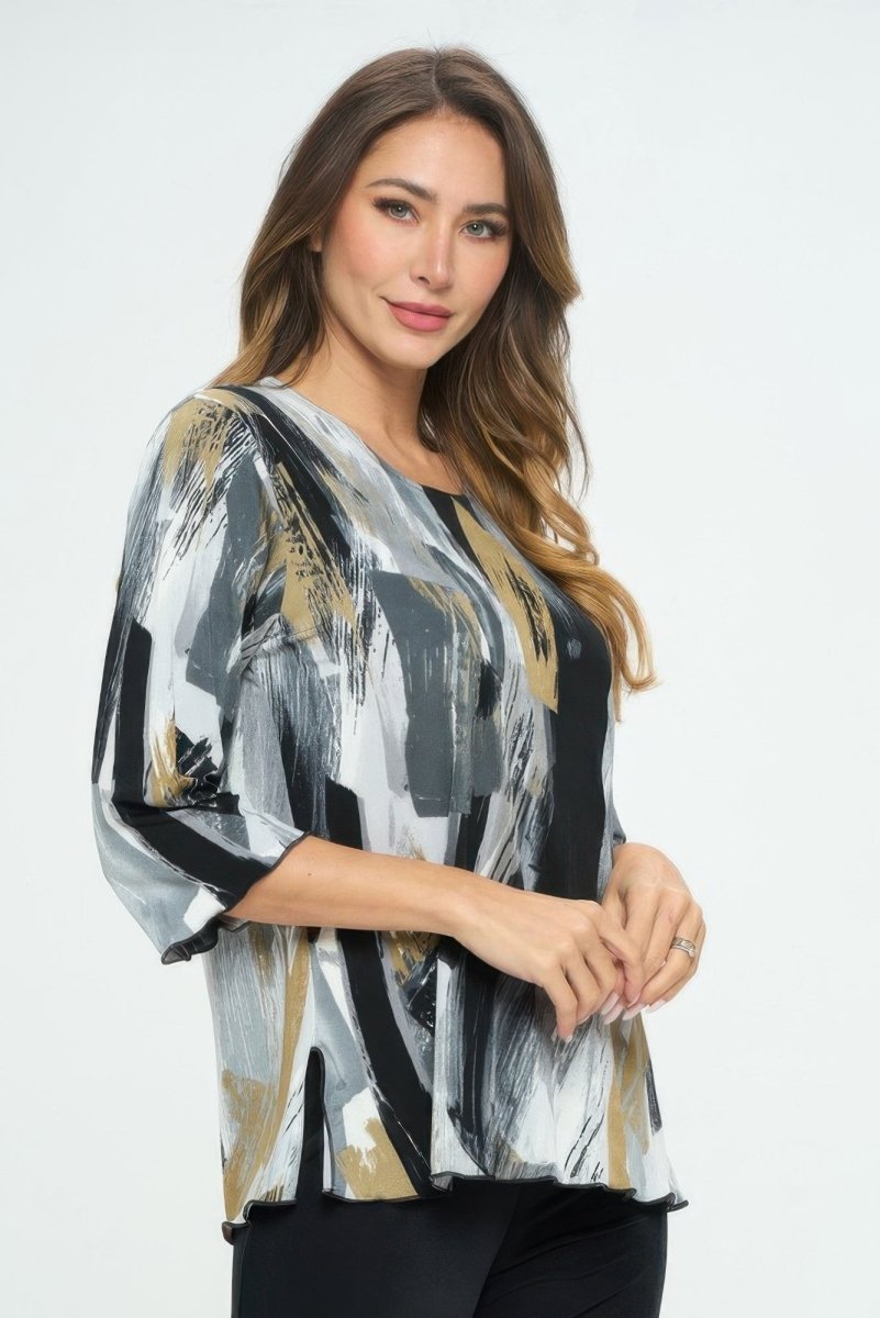 Women's Printed Notch Neck Missy Top with Shirred Detail - AMVIM