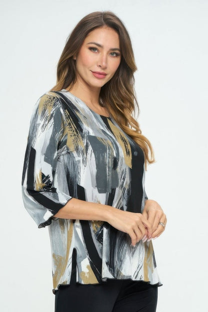 Women's Printed Notch Neck Missy Top with Shirred Detail - AMVIM