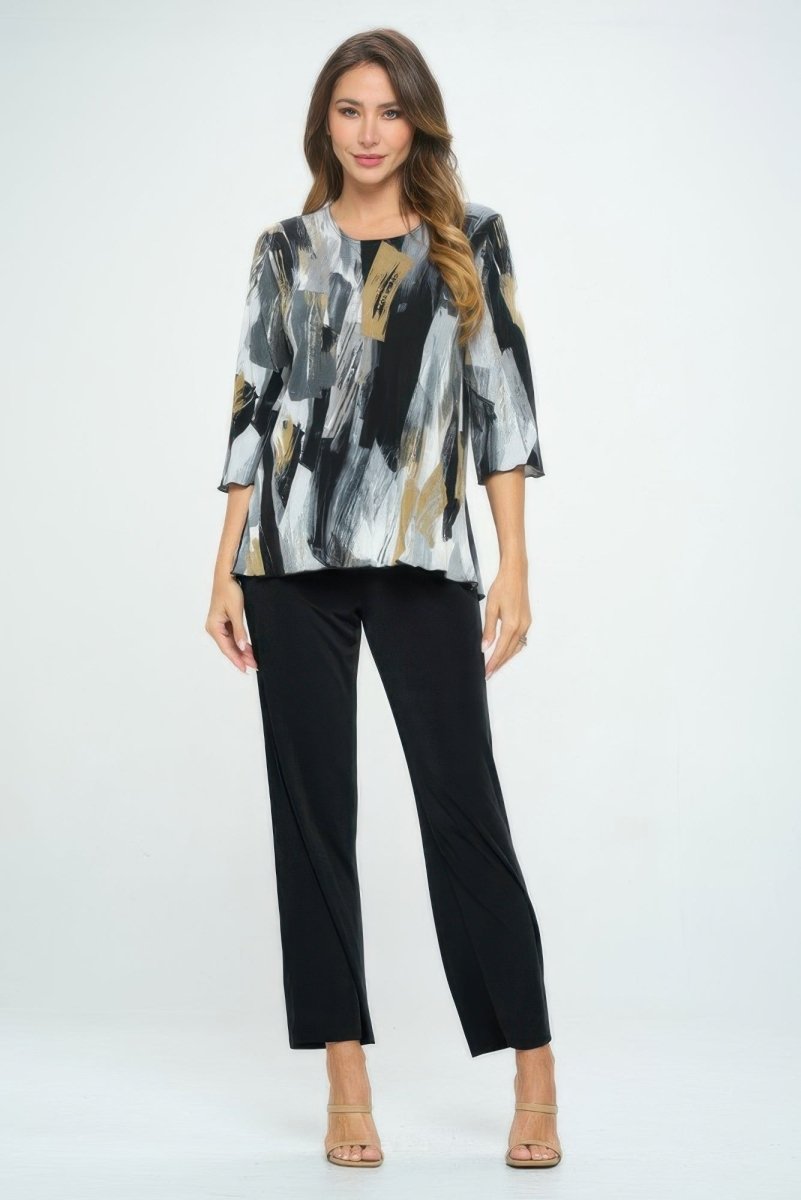 Women's Printed Notch Neck Missy Top with Shirred Detail - AMVIM