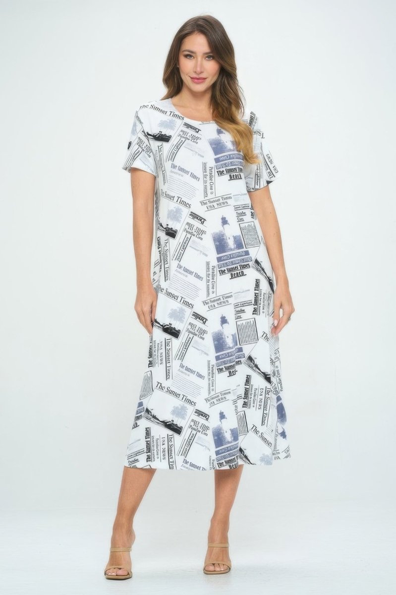 Women's Printed Short Sleeve Long Dress, Flowy Silhouette - AMVIM
