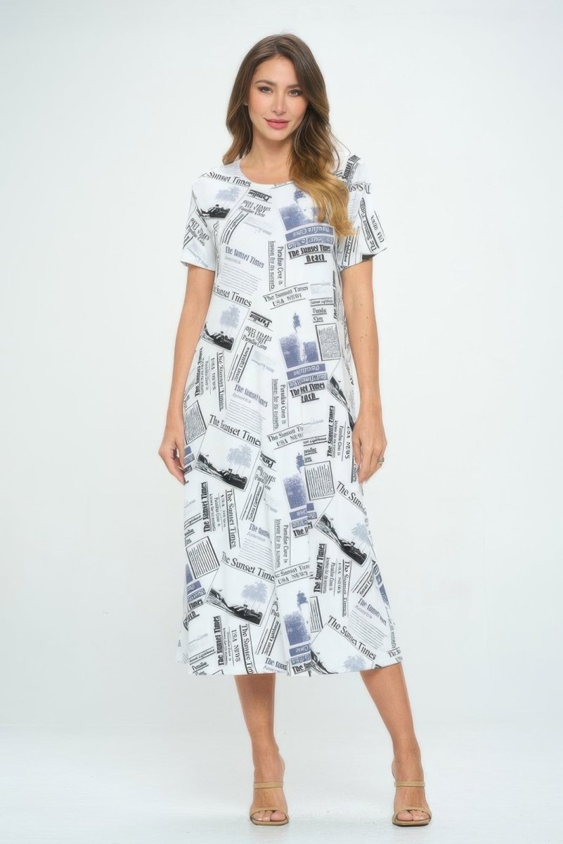 Women's Printed Short Sleeve Long Dress, Flowy Silhouette - AMVIM
