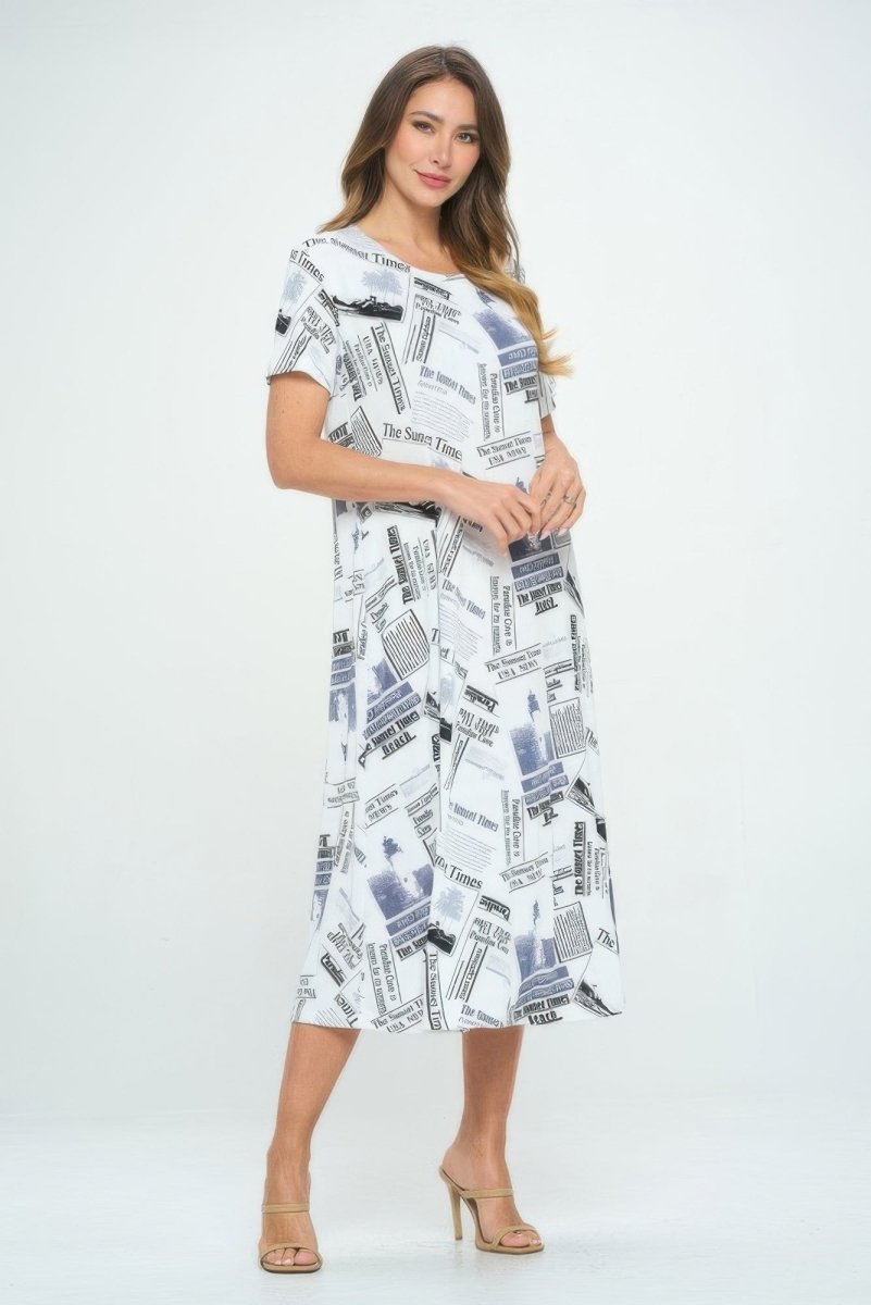 Women's Printed Short Sleeve Long Dress, Flowy Silhouette - AMVIM
