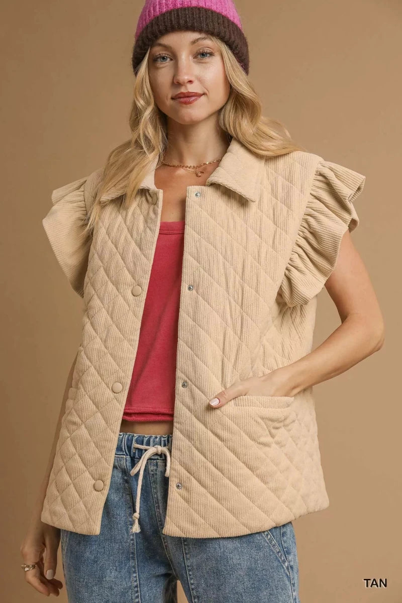 Women's Quilted Corduroy Vest – Relaxed Fit with Ruffle Sleeves - AMVIM