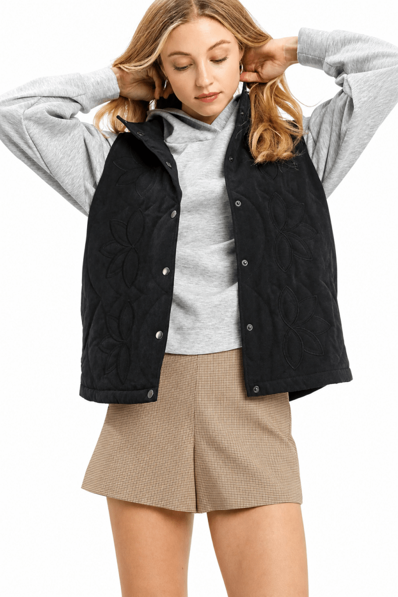 Women's Quilted Embroidered Vest – High Stand Collar - AMVIM