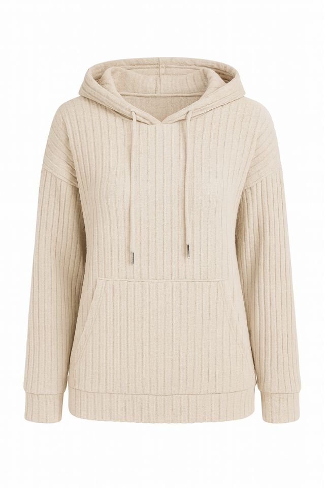 Women's Ribbed Black Hoodie Jacket with Drawstring Pockets - AMVIM