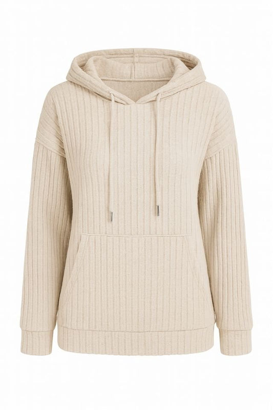 Women's Ribbed Black Hoodie Jacket with Drawstring Pockets - AMVIM