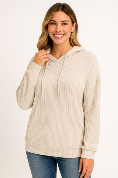 Women's Ribbed Black Hoodie Jacket with Drawstring Pockets - AMVIM