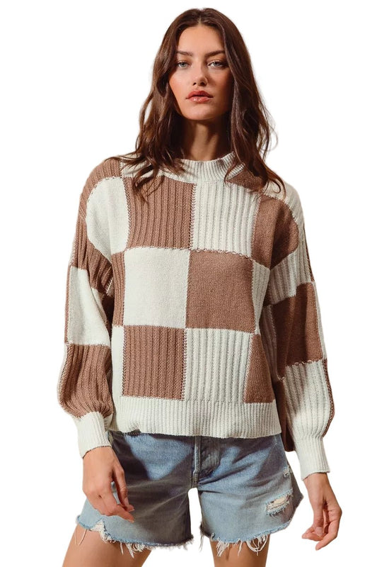 Women's Ribbed Color Block Plaid Sweater with Trendy Design - AMVIM